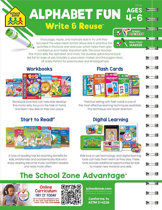 School Zone Alphabet Fun Write & Reuse™ Workbook: 52 Wipe-Clean Pages, Spiral-Bound, Pre-K, Preschool, Kindergarten, Letters & ABC Tracing, Early Learning, Ages 4–6, Includes Dry-Erase Marker