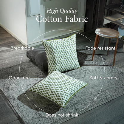 CPC 100% Cotton Throw Pillow Covers 18x18 Inch, Set of 2 Green Block Print Pattern Couch Pillow, Cute Boho Decorative Pillows for Living Room, Bedroom with Hidden Zipper- Agate Green