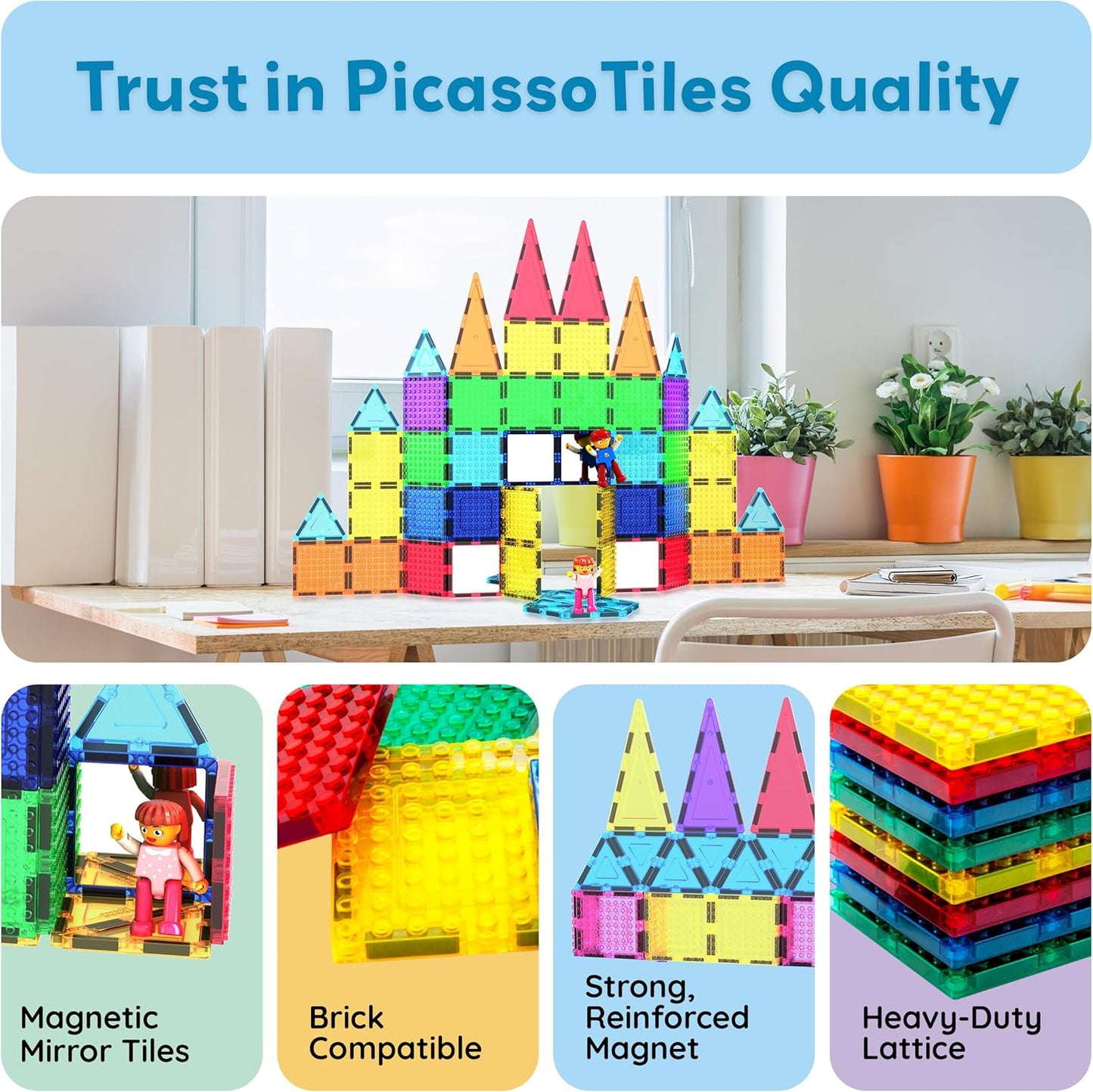 PicassoTiles 333pcs Magnetic Brick Tile and Magnetic Tile Combo Set, Action Figures included, Building Blocks STEM Toys, Educational Montessori Preschool Toddler classroom learning toys, Kids activity