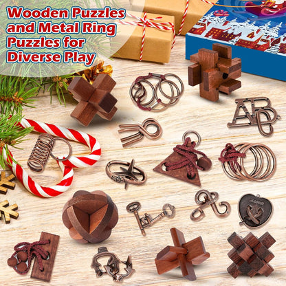 Advent Calendar 2025 Brain Teaser for Kids & Adults - 24 Days of Metal Puzzle Ring & Wooden Toy Games, Christmas Countdown with Mind IQ Logic Challenges, Unlock Interlock Gift for Boys Girls Teens