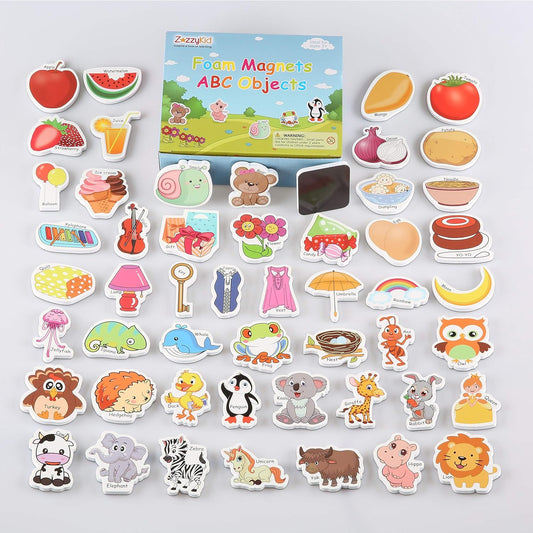 ZazzyKid Magnetic Foam Objects for Kids: 52 Toys of ABC Alphabet for Baby Early Education Fridge Magnets