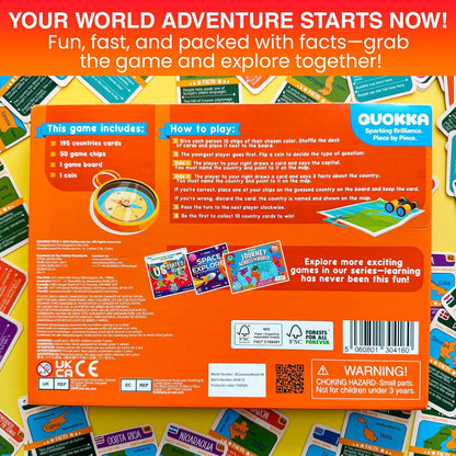 QUOKKA Board Games for Kids 8-12 - Family Games for Kids and Adults - Journey Across the World Card Game Ages 5-9 - Learn Capitals, Flags, Facts, and Map Locations with 195 World Map Cards