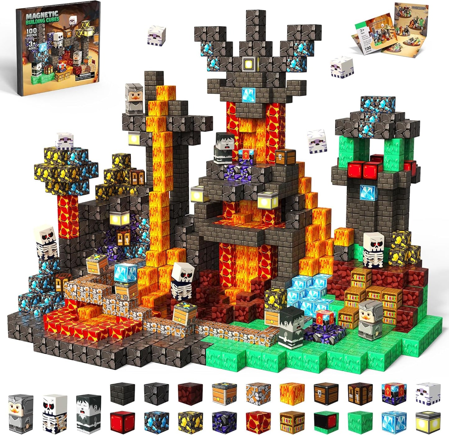 Magnetic Blocks Toys for Kids, 100 PCS Building Blocks Cubes, Stacking Magnetic Tiles Toys for Kids Toddlers Boys Girls Ages 3 4 5 6 7 8-12 Birthday Gifts Party Supplies (Underworld)