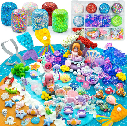 SIMPLIPLAY Mermaid Sensory Kit, 18oz 6 Pcs Glitter Doughs with Accessories(150 Pcs+), Non-Toxic Play Dough Set, Sensory Dough Kit for Toddlers 3 4 5 6 Year Old with Cutter, Mermaid Toys