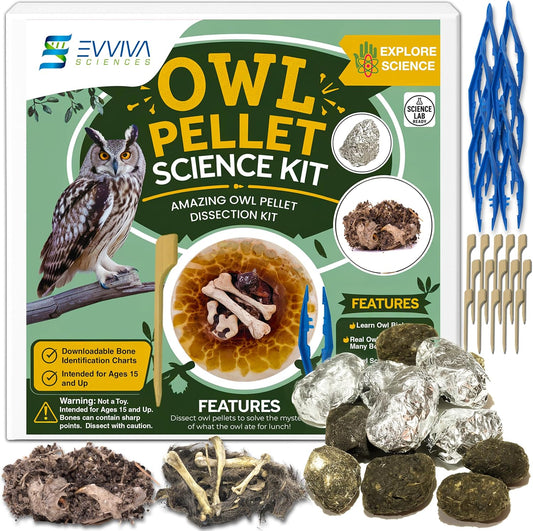 ES EVVIVA SCIENCES Owl Pellet Kit - Dissect 15 Mostly Small Real Owl Pellets w/Tools & PDF Bone Charts - Science Education Kit for Ages 15+ - Hands-On Animal Biology Science Lab Activity