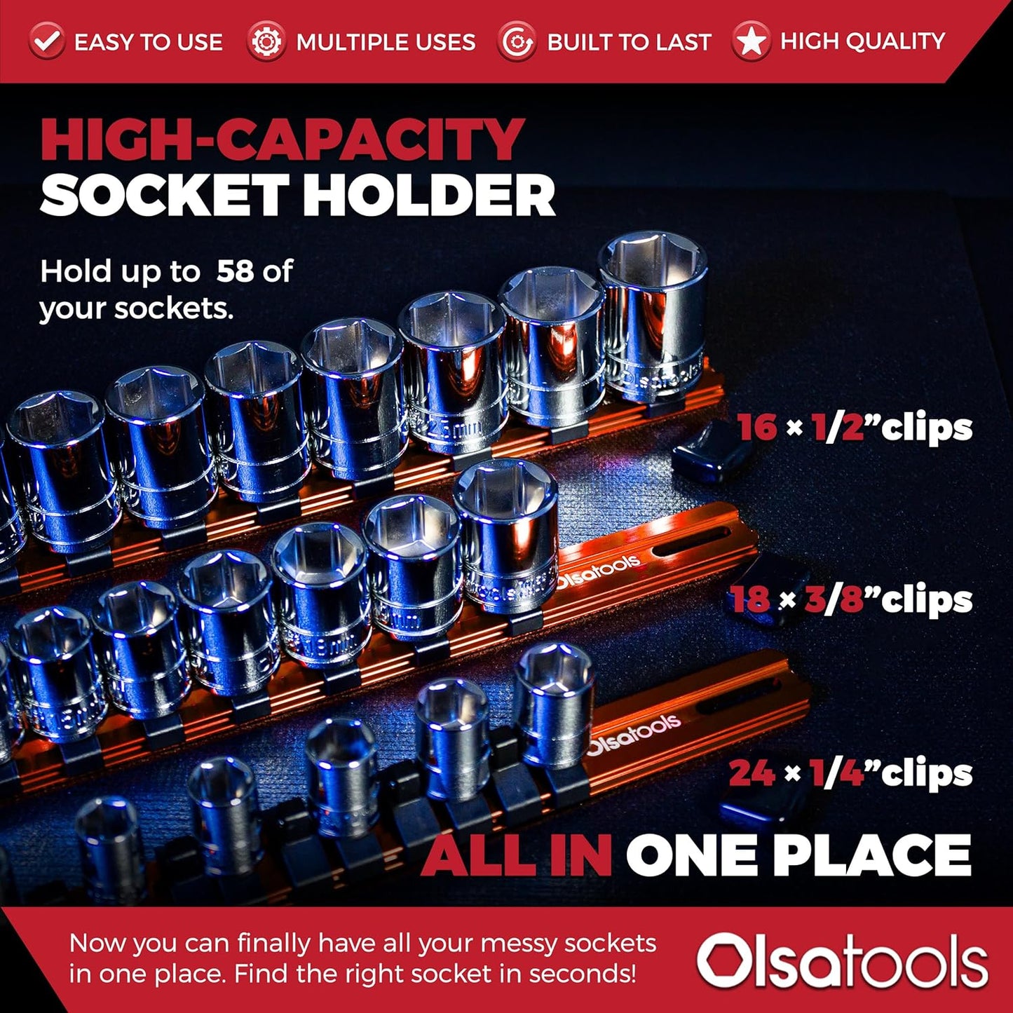 Olsa Tools Aluminum Socket Organizer, 3pc Set - Yellow Socket Holder Kit 1/2-Inch, 3/8-Inch, and 1/4-Inch Drive - Holds 58 Chrome or Impact Sockets - Professional Grade Socket Rails - Part: 1110