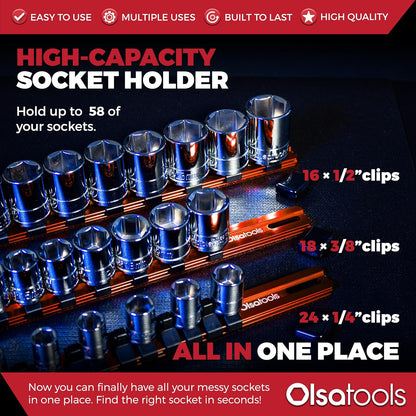 Olsa Tools Aluminum Socket Organizer, 3pc Set - Yellow Socket Holder Kit 1/2-Inch, 3/8-Inch, and 1/4-Inch Drive - Holds 58 Chrome or Impact Sockets - Professional Grade Socket Rails - Part: 1110