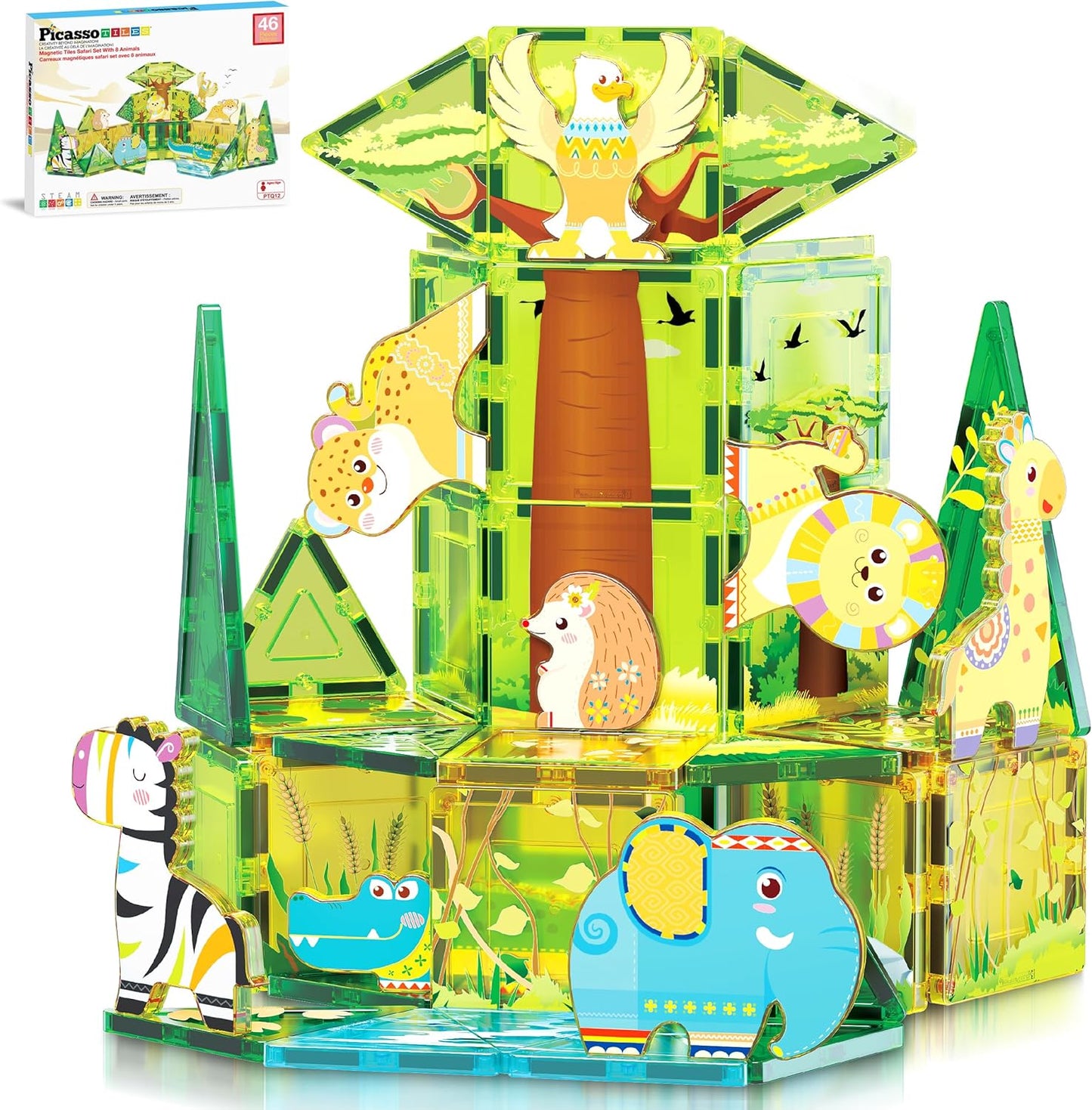 PicassoTiles Magnet Tiles Magnetic Building Blocks Aquarium Marine Animal Theme Set with 8 Character Action Figures Shark Crab Turtle STEM Toys Construction Preschool Toddlers Kids Boys Girls 3+ PTQ15