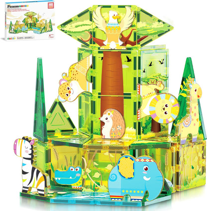 PicassoTiles Magnet Tiles Magnetic Building Blocks Aquarium Marine Animal Theme Set with 8 Character Action Figures Shark Crab Turtle STEM Toys Construction Preschool Toddlers Kids Boys Girls 3+ PTQ15