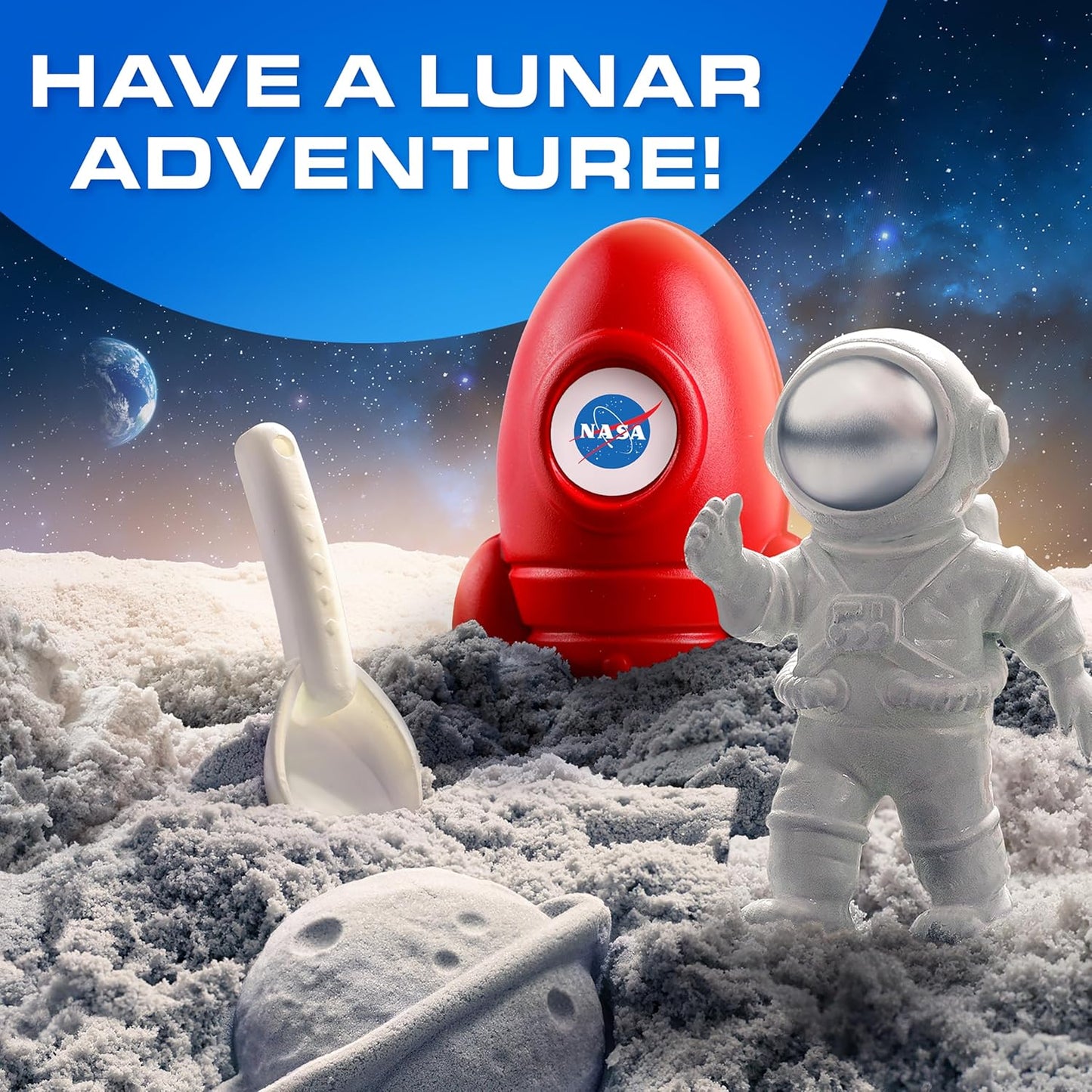 Blue Marble NASA Moon Sand Activity Kit – STEM Educational Sensory Bin Filler with 1.5 lbs Moon Sand, Play Tray, Space Molds, Astronaut Figure, Shovel, NASA Sticker, Activity Booklet & Learning Guide
