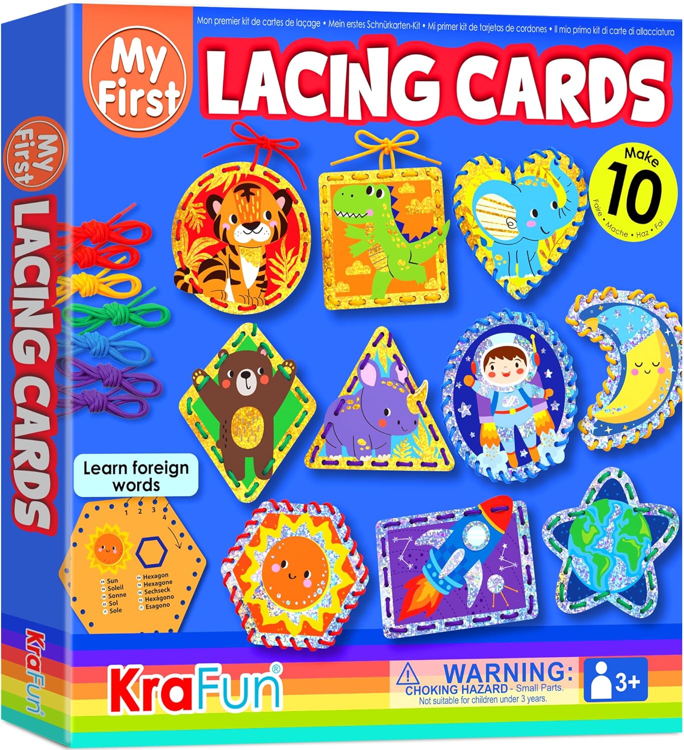 KRAFUN My First Lacing Cards Kit for Toddlers & Kids Age 3+, 10 Safari Animal Arts & Crafts Projects, Fine Motor Skills Toys with Lion Monkey Elephant Tiger Giraffe Hippo Zebra Bear