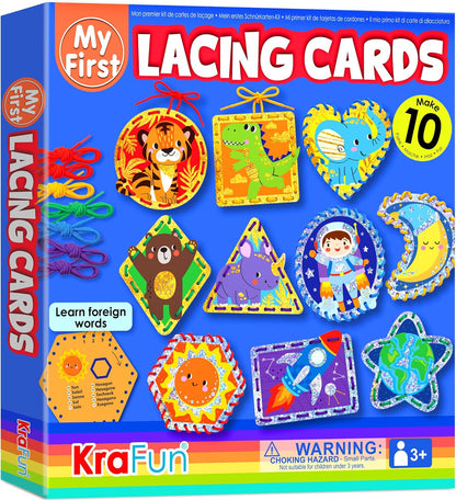 KRAFUN My First Lacing Cards Kit for Toddlers & Kids Age 3+, 10 Safari Animal Arts & Crafts Projects, Fine Motor Skills Toys with Lion Monkey Elephant Tiger Giraffe Hippo Zebra Bear