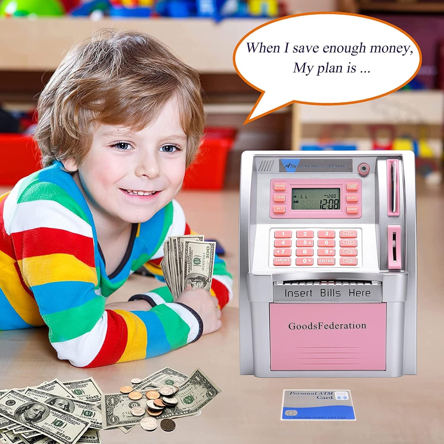 ATM Piggy Bank for Real Money for Kids Adults,Toy Money Bank with Card,Password,Coin Recognition,Bill Feeder,Balance Calculator,Electronic Money Safe Coin Box,Hot Gift for Boys Girls