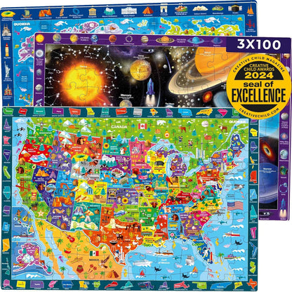 QUOKKA 3X Set Learning Board Games for Kids 8-12 - Educational Trivia Cards Ages 6-8 - Travel United States - World Map - Explore Outer Space - Gift for Children and Teens 4-8 - Jigsaw Puzzles