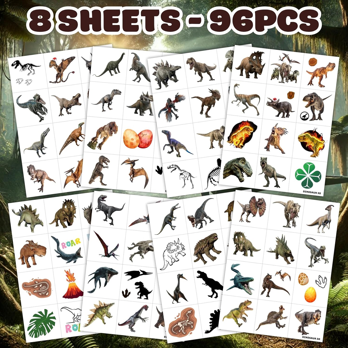 96PCS Dinosaur 3D Pre-Cut Temporary Tattoos - Stickers for Birthday Party Supplies, Decorations, and Favors - Super Cute Gifts for Kids, Boys & Girls, Classroom Prizes, and Themed (Normal)