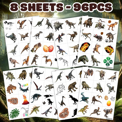 96PCS Dinosaur 3D Pre-Cut Temporary Tattoos - Stickers for Birthday Party Supplies, Decorations, and Favors - Super Cute Gifts for Kids, Boys & Girls, Classroom Prizes, and Themed (Normal)