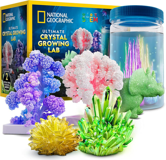 National Geographic Ultimate Crystal Growing Kit – Grow 5 Types of Crystals Including Glow in the Dark, Dinosaur Figure, Underwater Crystals & Crystal Trees with Learning Guide, STEM Science Kit