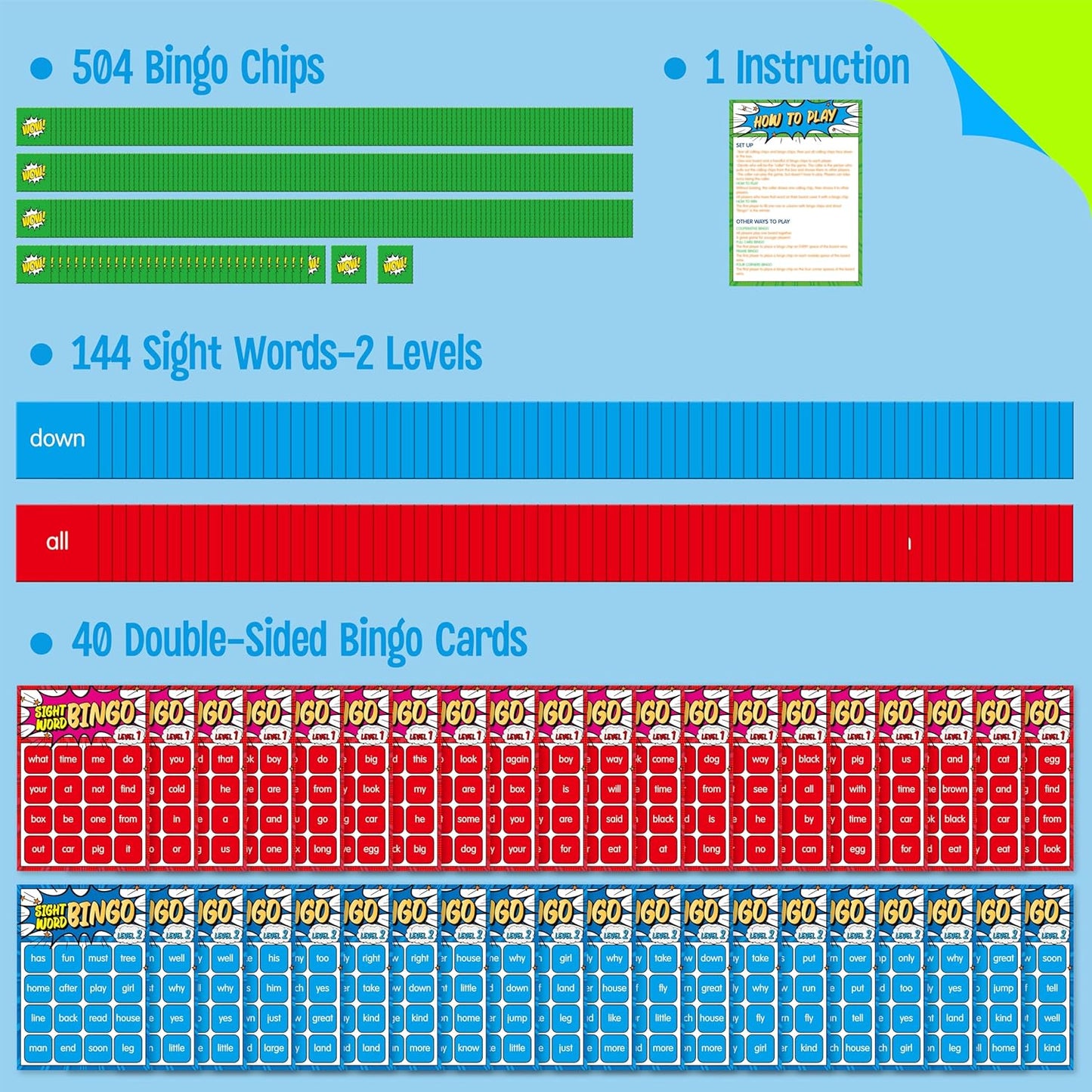 Sight Word Bingo Game, 144 Sight Words Learn to Read Level 1 & Level 2 Bingo Board Game Dolch's & Fry's Words Lists for Kindergarten and Preschool, Grade 1st, 2nd, Kids 4-8 (Up to 25 Players)