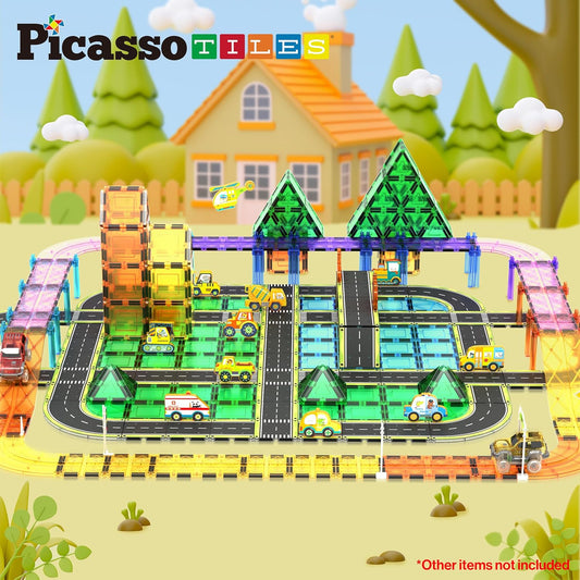 PicassoTiles Magnetic Tiles Race Track Car Thrilling Toy Playset Includes 2 Racing Trucks STEM Educational Magnet Tile Building Block Construction Set for Toddlers Boys Girls Ages 3 and Older PTR30