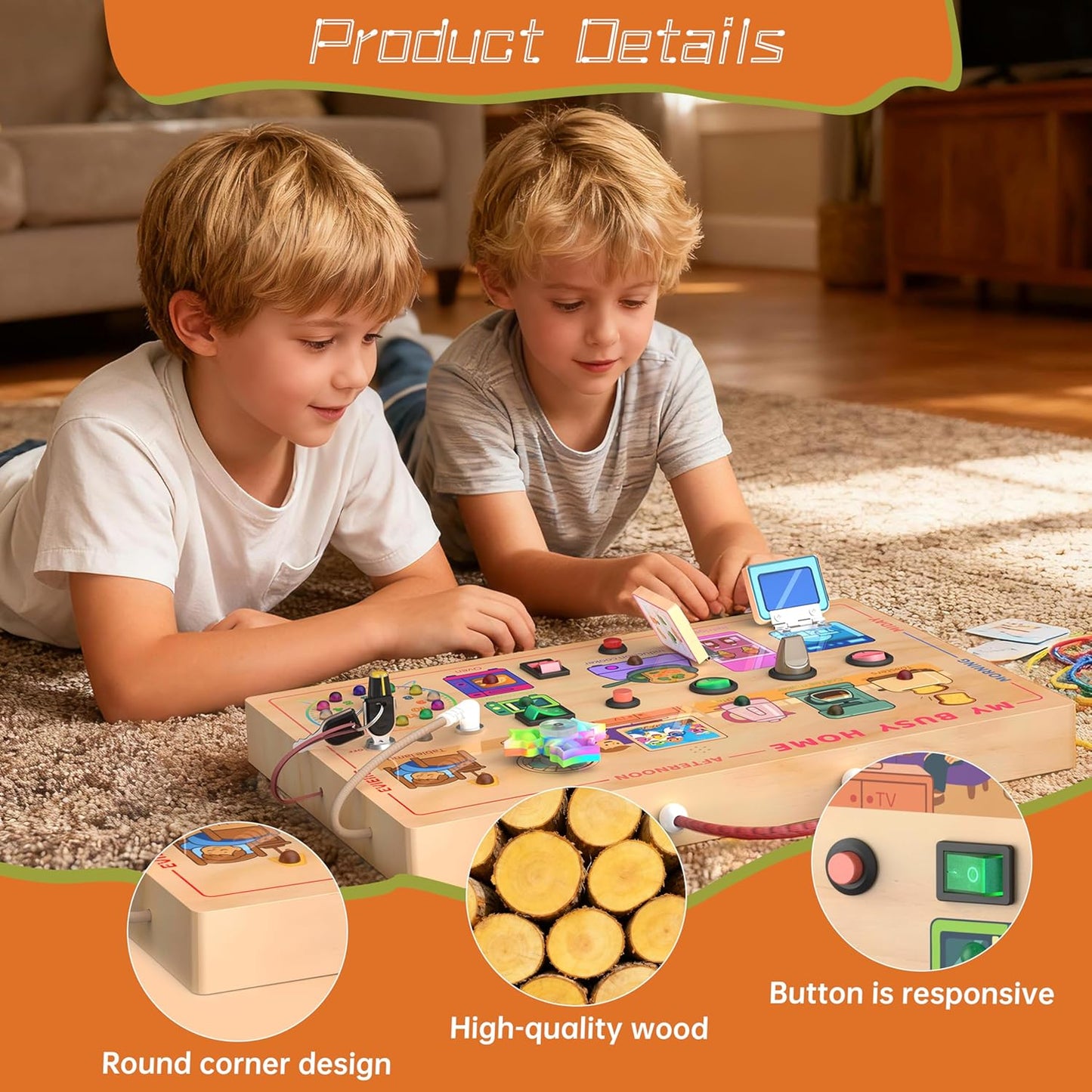 flycoost Busy Board with LED Light Switches,Toddlers Montessori Educational Toys for 1 2 3 Years Olds,Wooden Autism Activity Baby Busy Board,Sensory Travel Toys 1+ Year Old Boy&Girl Birthday Gift