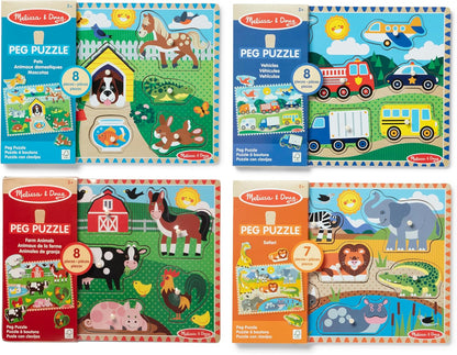 Melissa & Doug Wooden Peg Puzzle Set – 4-Pack Vehicle, Farm, Safari & Pet Animal Themes – Educational Puzzles for Toddlers and Preschoolers Ages 2+