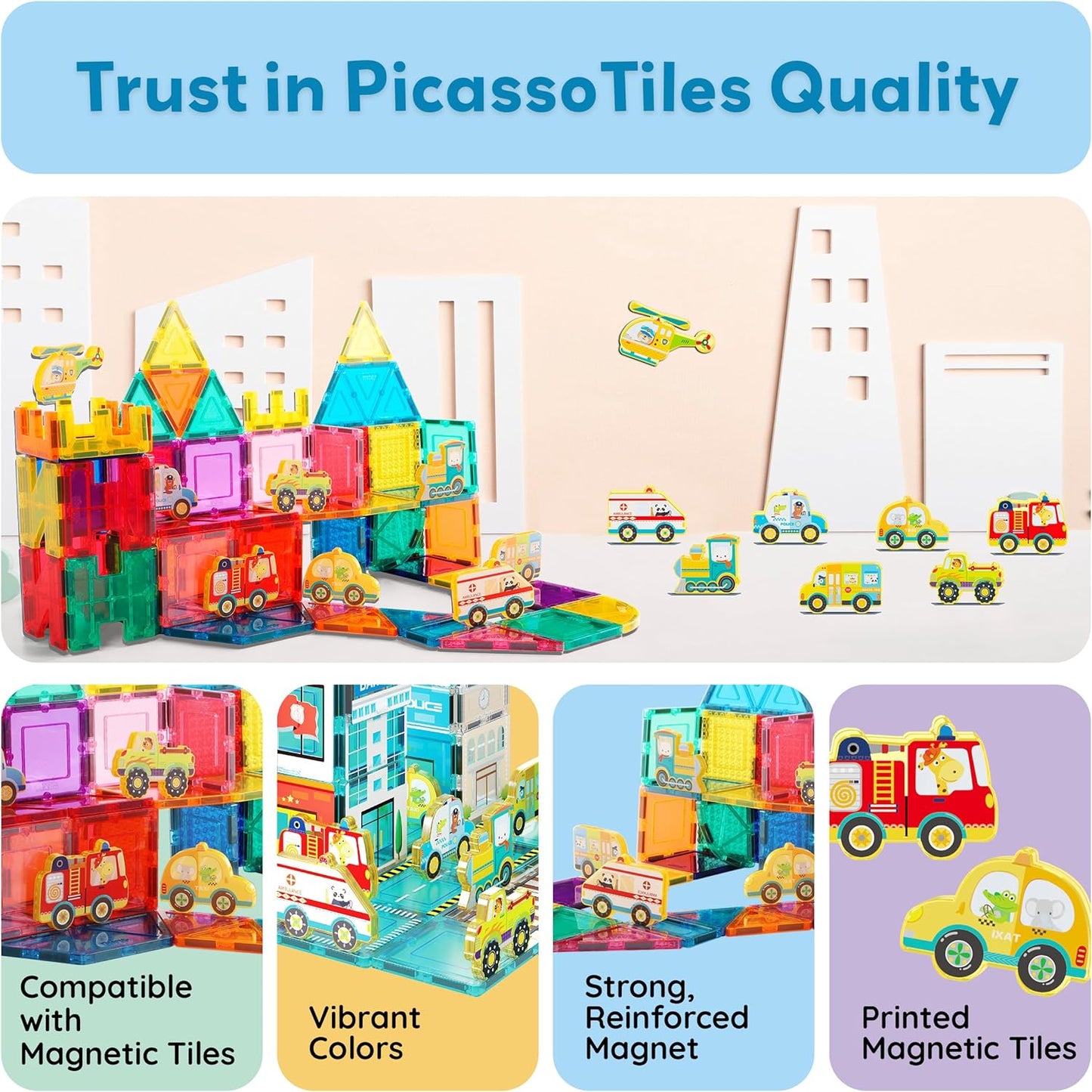 PicassoTiles Magnetic Tile Building Blocks Add On 8 Magnetized Action Figures Construction Vehicles & Zoo Animal Theme Compatible with Magnet Tiles Sets STEM Learning Toy for Boys & Girls Age 3+ PTA21