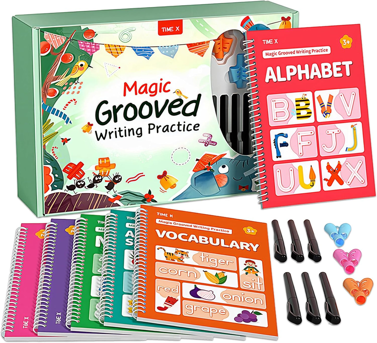 TIME X Magic Grooved Writing Practice Books, Reusable 3D Groove Handwriting Practice Workbooks for Kids Ages 3-8, Large Preschool Writing Books with Disappearing Ink for Kids 5-7 (Practice 6-Books)