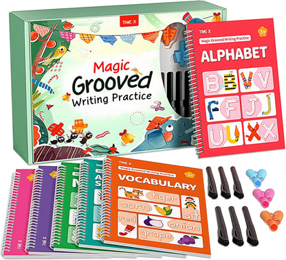 TIME X Magic Grooved Writing Practice Books, Reusable 3D Groove Handwriting Practice Workbooks for Kids Ages 3-8, Large Preschool Writing Books with Disappearing Ink for Kids 5-7 (Practice 6-Books)
