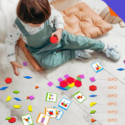 215 PCS Wooden Pattern Blocks Set, 24 Double-Sided Design Cards Pattern Building Shapes Educational Geometric Shape Puzzle Fun Tangram Montessori Learning Toys for Kids Ages 4-8 (A Storage Bag)