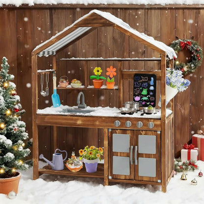 KOTEK Mud Kitchen with Canopy, Outdoor Play Kitchen with Removable Sink, Chalkboard, 4 Stoves, Cooking Accessories & Storage Cabinet, Wooden Toy Kitchen Playset for Kids Age 3+