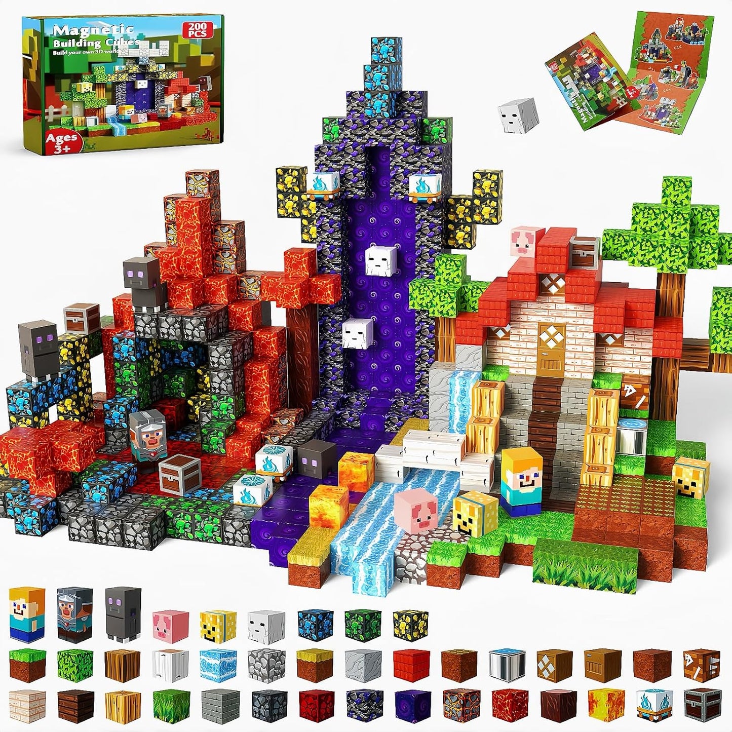 Magnetic Blocks - 200PCS Magnetic Blocks with 6 Base Plate, Magnetic Building Blocks for Kids Ages 4 5 6 7 8, Stacking Magnets for Kids, Birthday Gifts for 3-10 Year Old Boy Girls, STEM Toys