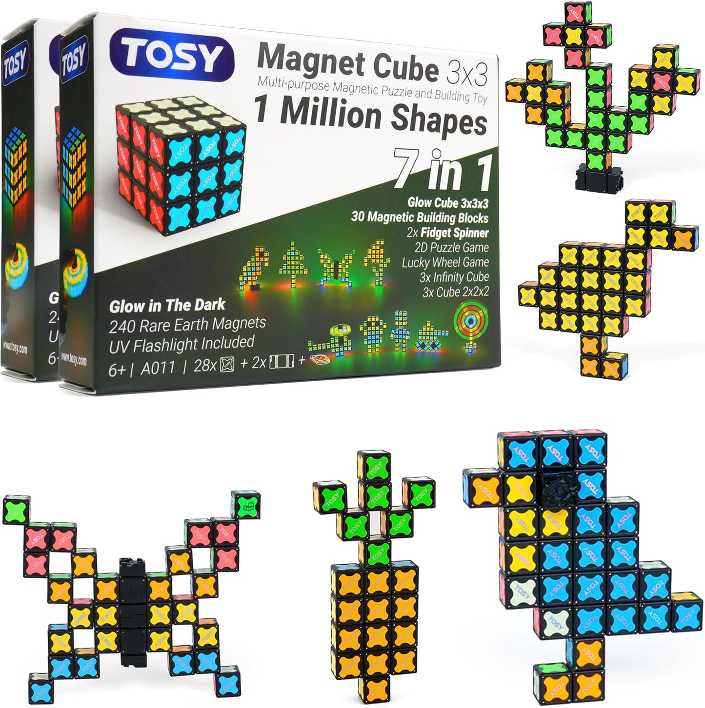 TOSY Magnet Cube 2x2 - 8 Blocks, 2in1 Toy: 2x2x2 Puzzle Cube and Customizable Infinity Cube, Easter Basket Stuffers Gifts for Kids/Grandkids, Glowing w/ UV Flashlight, STEM Toy, 2-Pack