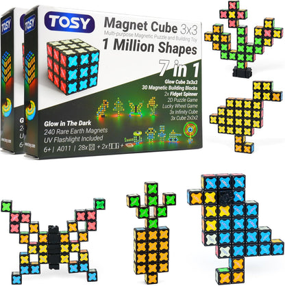 TOSY Magnet Cube 2x2 - 8 Blocks, 2in1 Toy: 2x2x2 Puzzle Cube and Customizable Infinity Cube, Easter Basket Stuffers Gifts for Kids/Grandkids, Glowing w/ UV Flashlight, STEM Toy, 2-Pack