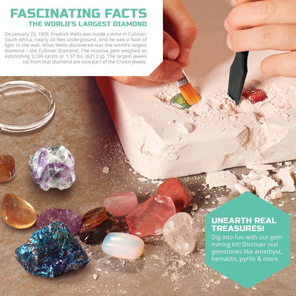 Discovery™ Gemstone Mining Kit - Excavate Real Gems & Rock Minerals, Fun DIY STEM Experiment, Educational Geology Activity Toy, Safe Non-Toxic Kids Learning Set Gift, Chisel Magnifying Glass Tools