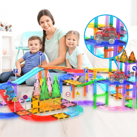 PicassoTiles 121pc Magnetic Tile Race Track Marble Run Magnet Tiles 3-in-1 Playset Car Racing Construction Set STEM Learning Early Education Building Toy Cars for School Toddlers Boys Girls Ages 3+
