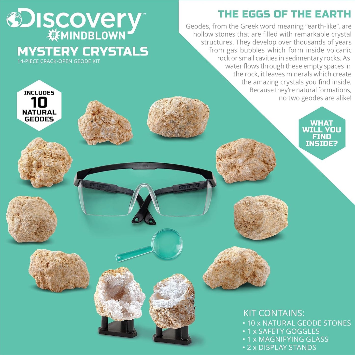 Discovery™ Mystery Crystal Geode Kit – Crack Open 10 Real Quartz Geodes| Includes Goggles, Magnifying Glass & Display Stands| Educational STEM Geology Toy for Kids| Science Activity Set Gift| Ages 6+