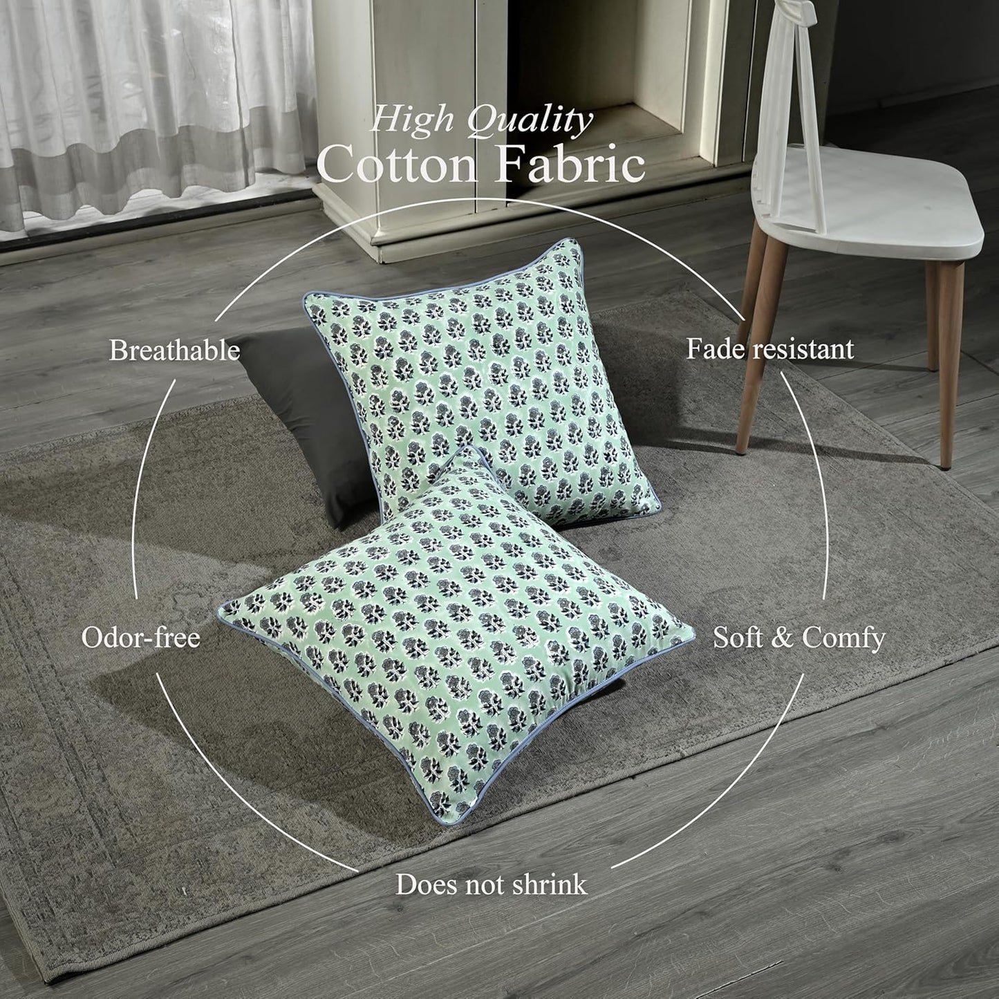 CPC 100% Cotton Throw Pillow Covers 18x18 Inch, Set of 2 Green Block Print Pattern Couch Pillow, Cute Boho Decorative Pillows for Living Room, Bedroom with Hidden Zipper- Agate Green