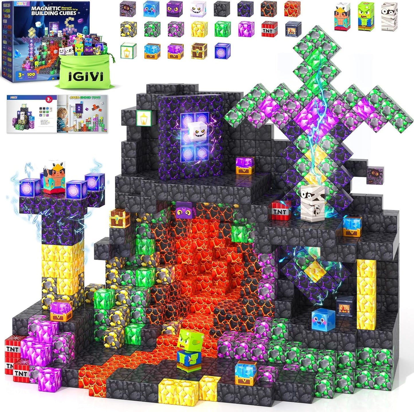 Magnetic Blocks - Build Mine 3D Magworld Forest Lava Set, STEM Magnetic Building Blocks for Kids Ages 4-6 6-8 8-12, Educational Sensory Toys for Toddlers, Birthday Gifts for 3+ Years Old Boys & Girls