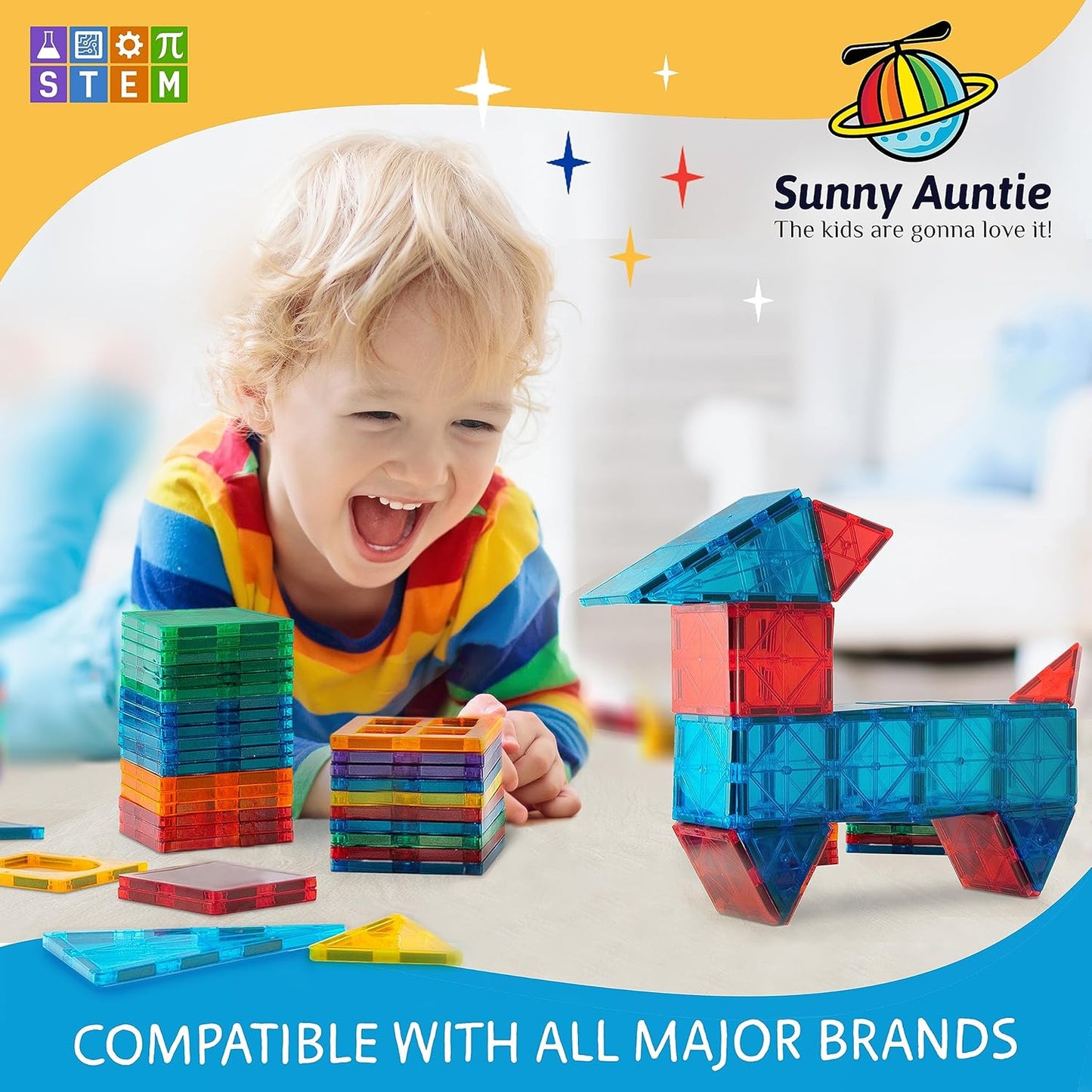 SUNNY AUNTIE Magnetic Tiles 56 PCS Building Set – Magnetic Building Tiles STEM Toy for Kids & Toddlers Ages 3-8, Magnet Construction Set for Boys & Girls