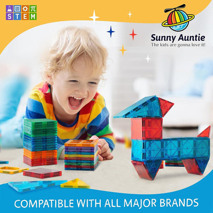 SUNNY AUNTIE Magnetic Tiles 56 PCS Building Set – Magnetic Building Tiles STEM Toy for Kids & Toddlers Ages 3-8, Magnet Construction Set for Boys & Girls
