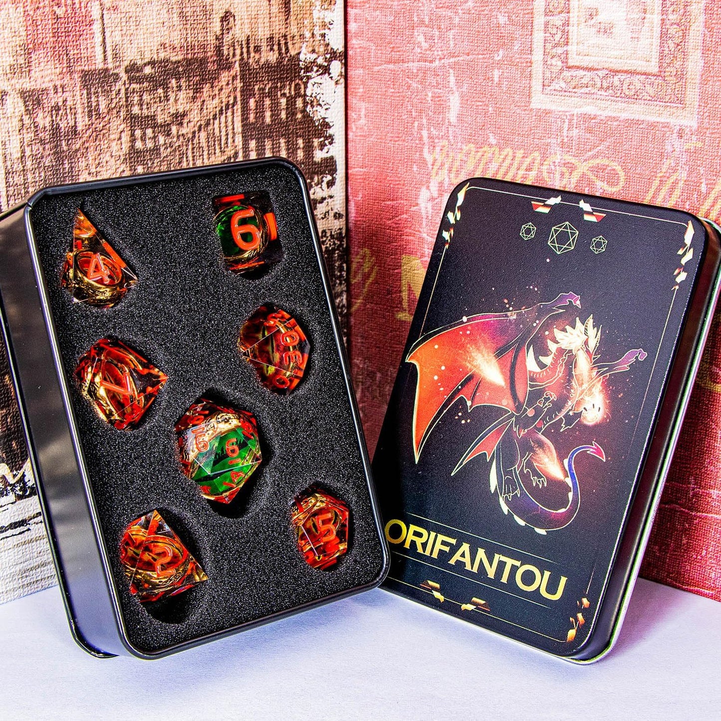 Magic Golden Ring DND Dice Set Sharp Edge Red Resin Dice with Box, for use with Dungeons Dragon RPG D&D Tabletop Games Lord D and D Polyhedral Dice Set