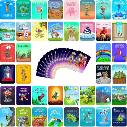 45 Affirmation Cards for Kids - Premium Edition – 3x4 in – incl. Wooden Stand – Conversation Notes for Children and Toddlers – Mindfulness, Social Skills, CBT Therapy – Lunch, School Counselors, Teachers, Parents