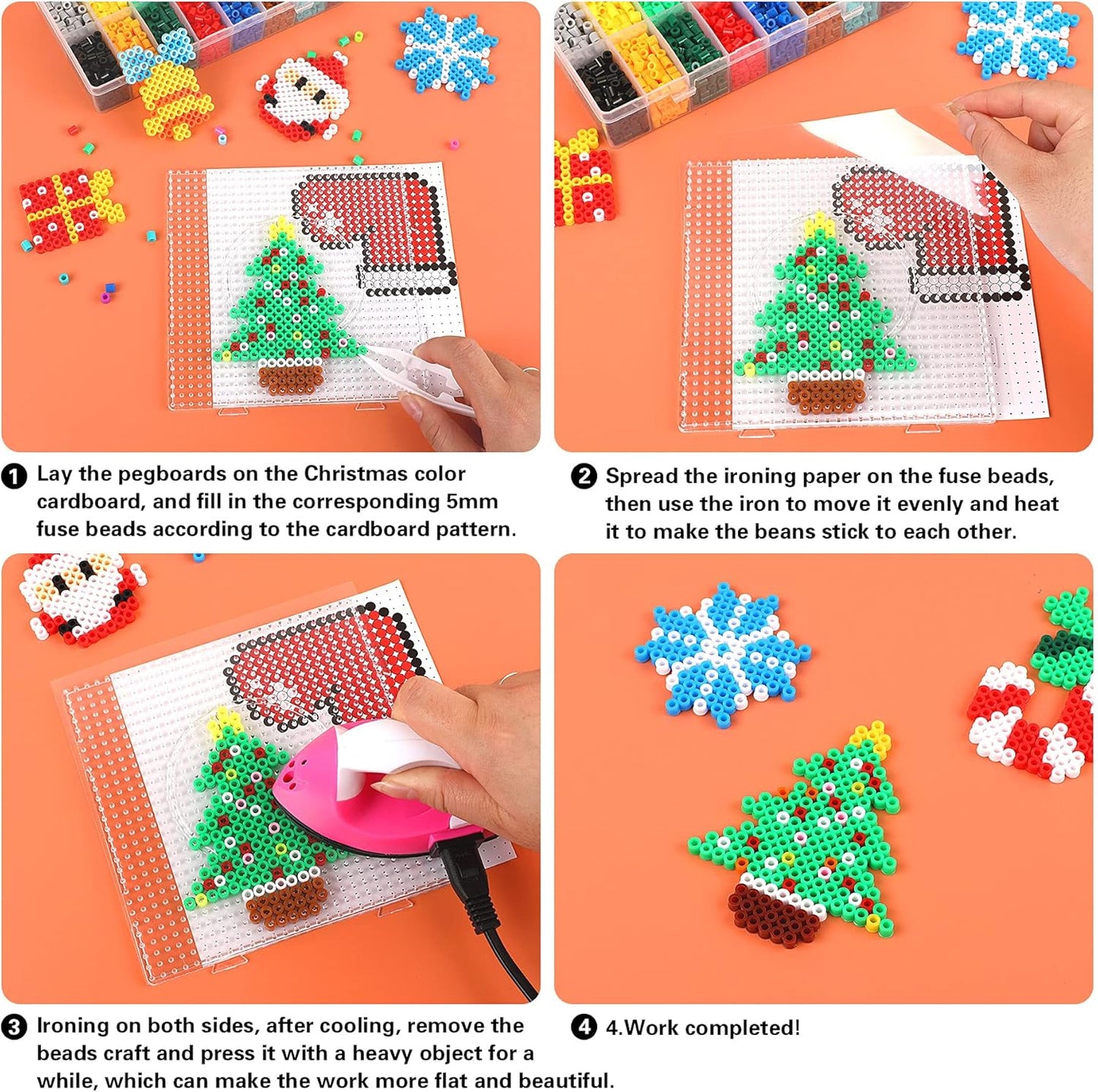 AUGSUN Christmas Fuse Beads Kit - 5100Pcs+ 24 Colors Crafting Melting Beads Set for Kids, 12 Styles Christmas Patterns 2Pcs 5mm Iron Beads Pegboards for DIY Craft Making
