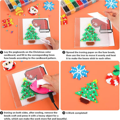 AUGSUN Christmas Fuse Beads Kit - 5100Pcs+ 24 Colors Crafting Melting Beads Set for Kids, 12 Styles Christmas Patterns 2Pcs 5mm Iron Beads Pegboards for DIY Craft Making