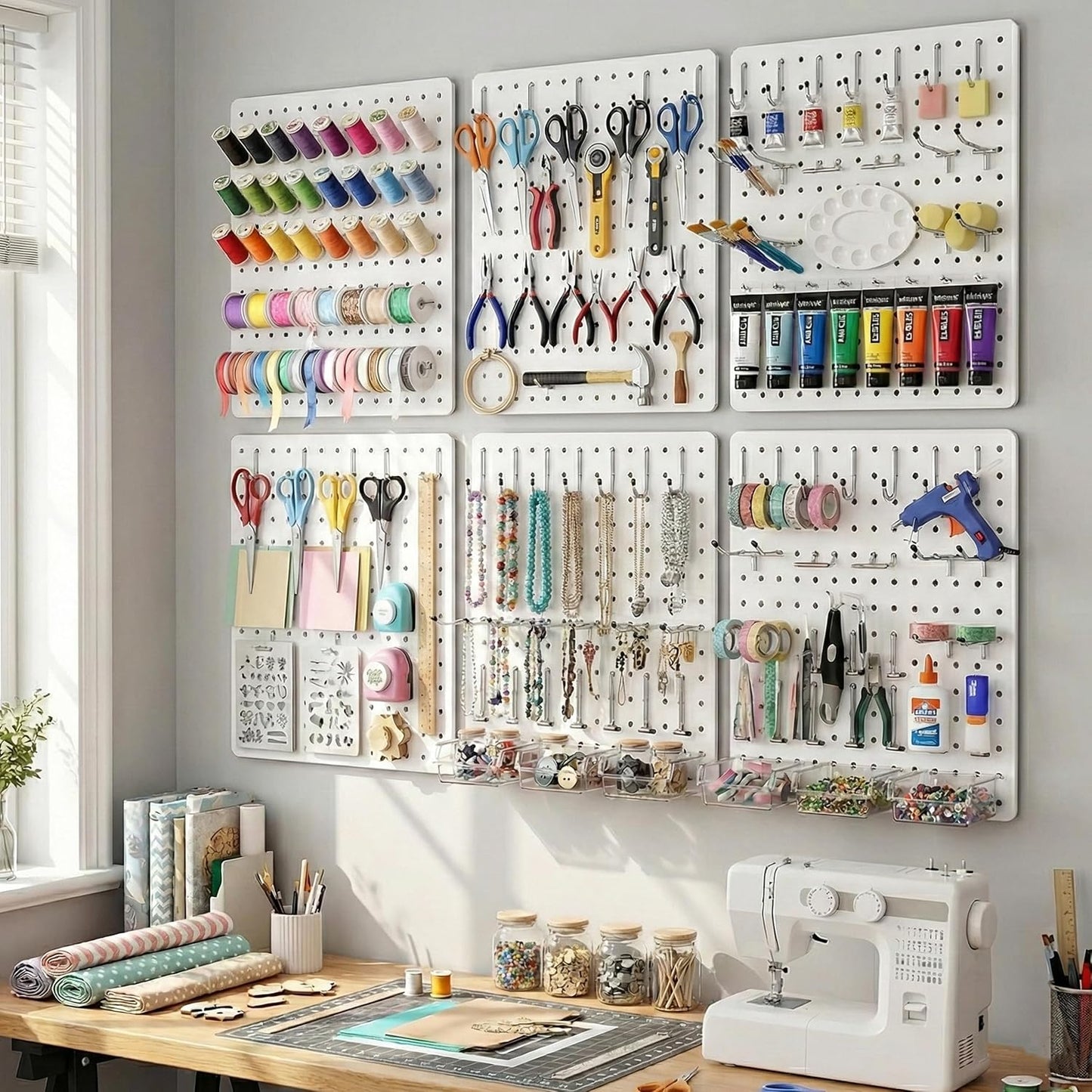 Peg Board, 112PCS Heavy Duty Metal Pegboard with Hooks, 6 Pack Black Peg Board Panels, 60lbs Load Capacity Each, Pegboard Wall Organizer for Garage, Workshop, Kitchen, Craft Rooms