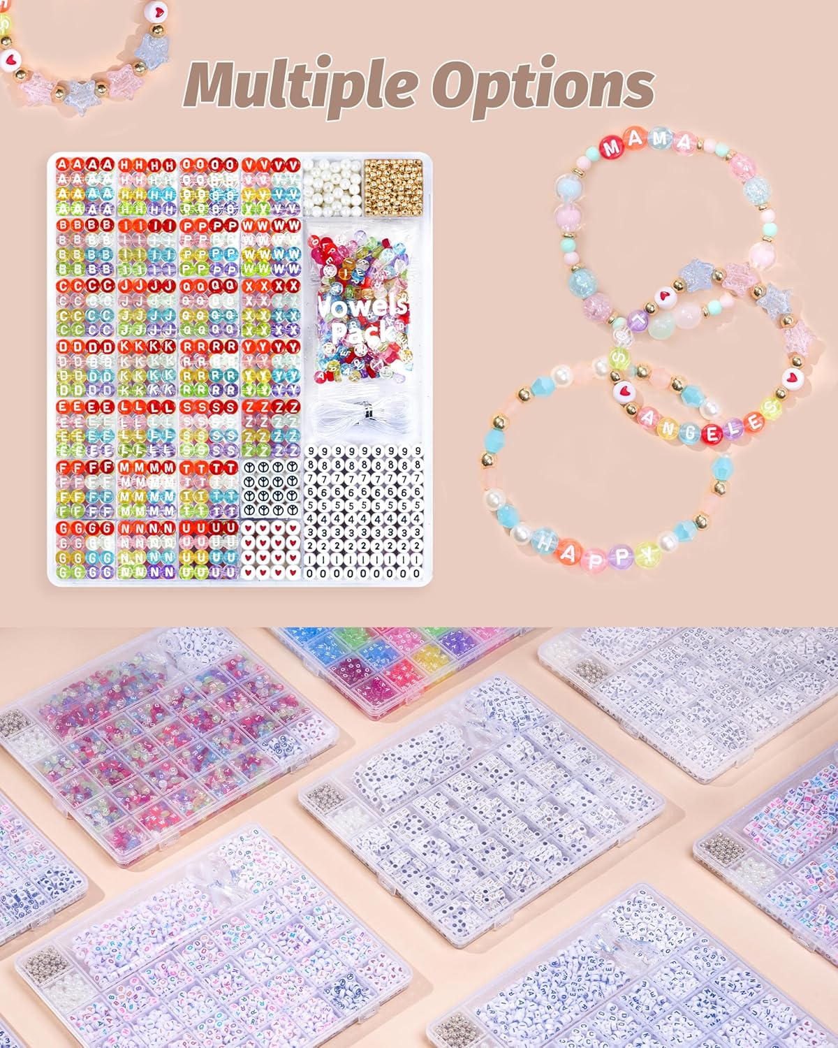 DoDoBeads 1270 Pcs Letter Beads Kit, White and Colorful Square Acrylic Alphabet Beads with Extra Vowels, Numbers & Spacers, Perfect for Friendship Bracelets