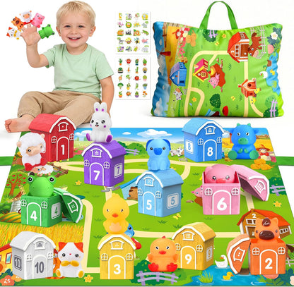 Montessori Toys for Toddlers 1 2 3 Years Old, Farm Animal Train Set with Counting Matching Sorting Activities 9 Barns, 10 Finger Puppets, 2 Stickers-Learning Toys for Baby Boys Girls, Preschool Gift