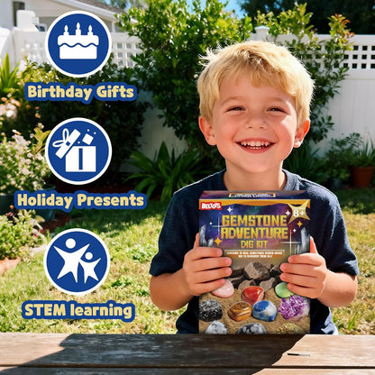 Gemstone Dig Kit for Kids with 2 Tools, Excavate 10 Real Gems, STEM Science Mining Toy, Educational Gift for Boys and Girls Ages 8-12