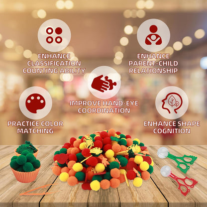 Sensory Bin Filler, Summer Party Gift, Apples,Trees, Pom Poms, Maple Leaves, Bells,Toddler Toys, Counting Sorting Set,Fine Motor Toys Preschool Education Toys,for 3+ Years Old Kids, 294pcs.