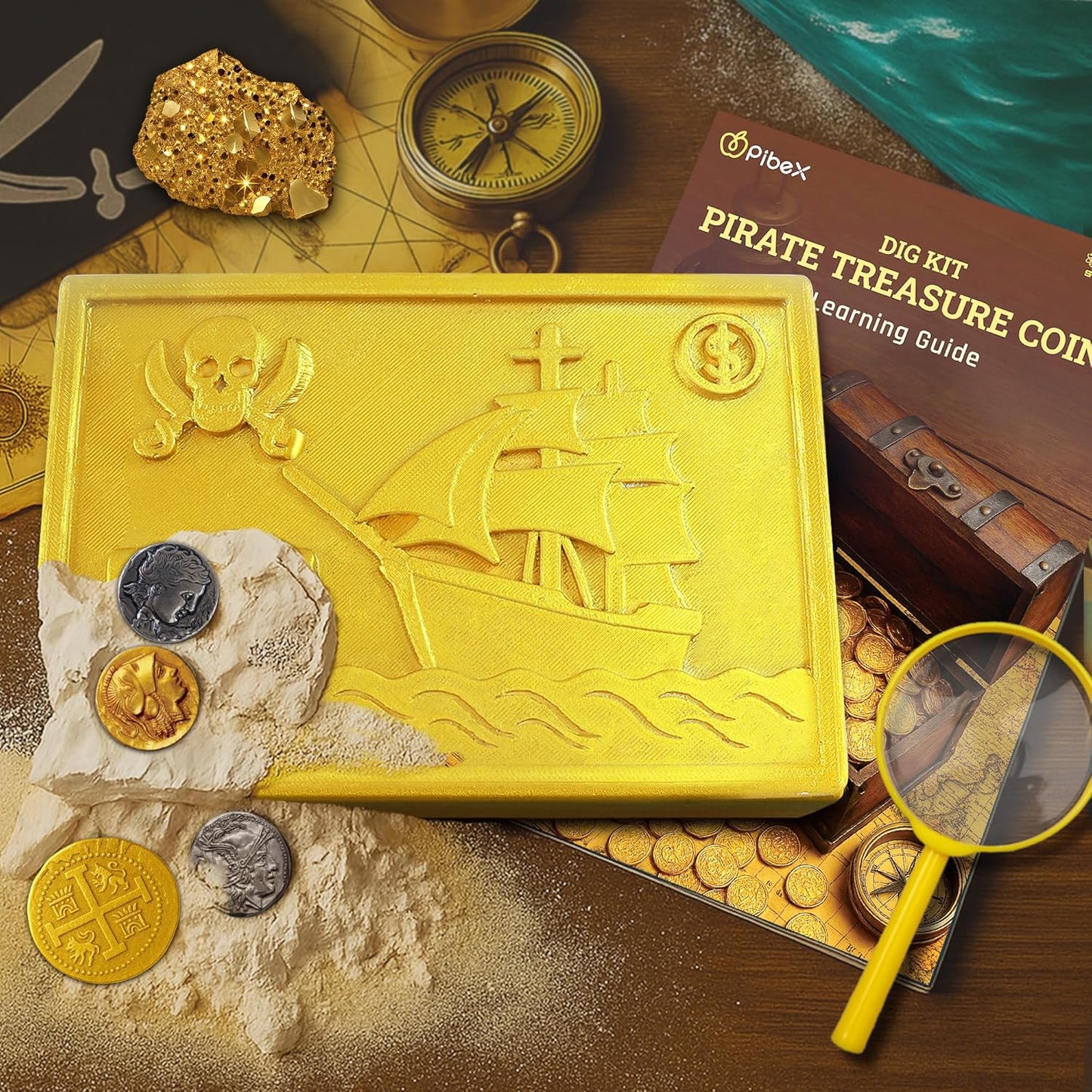 PIBEX Pirate Treasure Coins Dig Kit – Dig & Collect 16+ Ancient Metal Coin Replicas, Fool’s Gold & Pirate Charms – STEM Archaeology & Necklace Making Kit, Coin Collecting Gift Toy for Kids Ages 6+